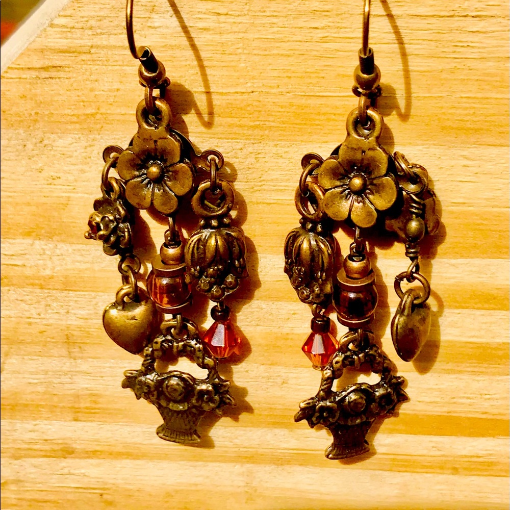 Brass Vintage Chandelier Hanging Earrings Gem